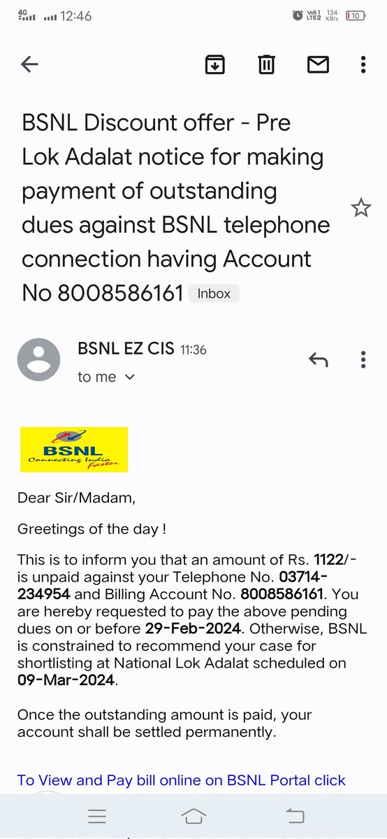 SupriyamAnjan's tweet photo. What the hell !
I haven't taken any service as of now BSNL! On what basis did BSNL send the bill in my name? On what basis will the Lok Adalat file a case against me ? 
@BSNLCorporate 
@BSNL_AS https://t.co/9rh4IXEHxw
