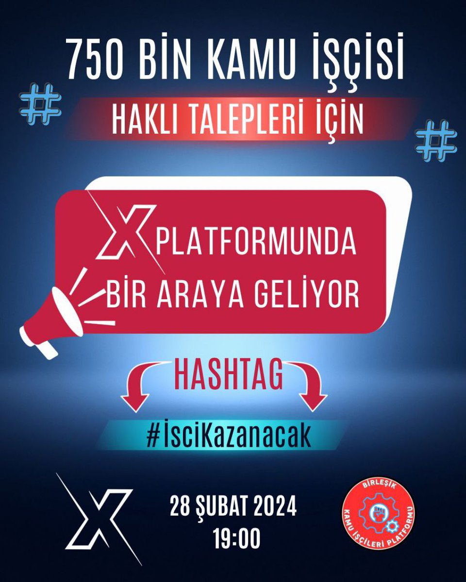 750 Bin Kamu İşçisi İçin Etkinlik Duyurusu ⚡ 28.ŞUBAT 2024 Çarşamba SAAT: 19:00 ⚡⚡HASTAG ⚡⚡ #İsciKazanacak MÜSAİT OLAN ARKADAŞLARIMIZ YİNE GÜN BOYUNCA PAYLAŞIM YAPABİLİRLER. @herkes