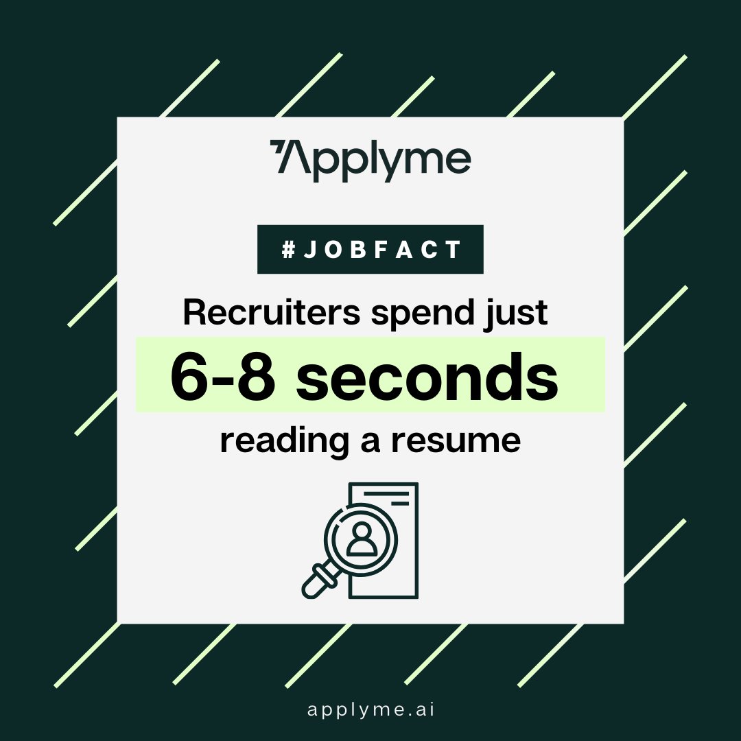 ApplymeAI's tweet photo. With that Recruiters average reading time, your resume needs to grab attention FAST! 

Using Applyme AI, your resume gets the spotlight it deserves, ensuring those crucial seconds count! 💼✨

#ApplymeAI #resumetips https://t.co/Miubie31Jc
