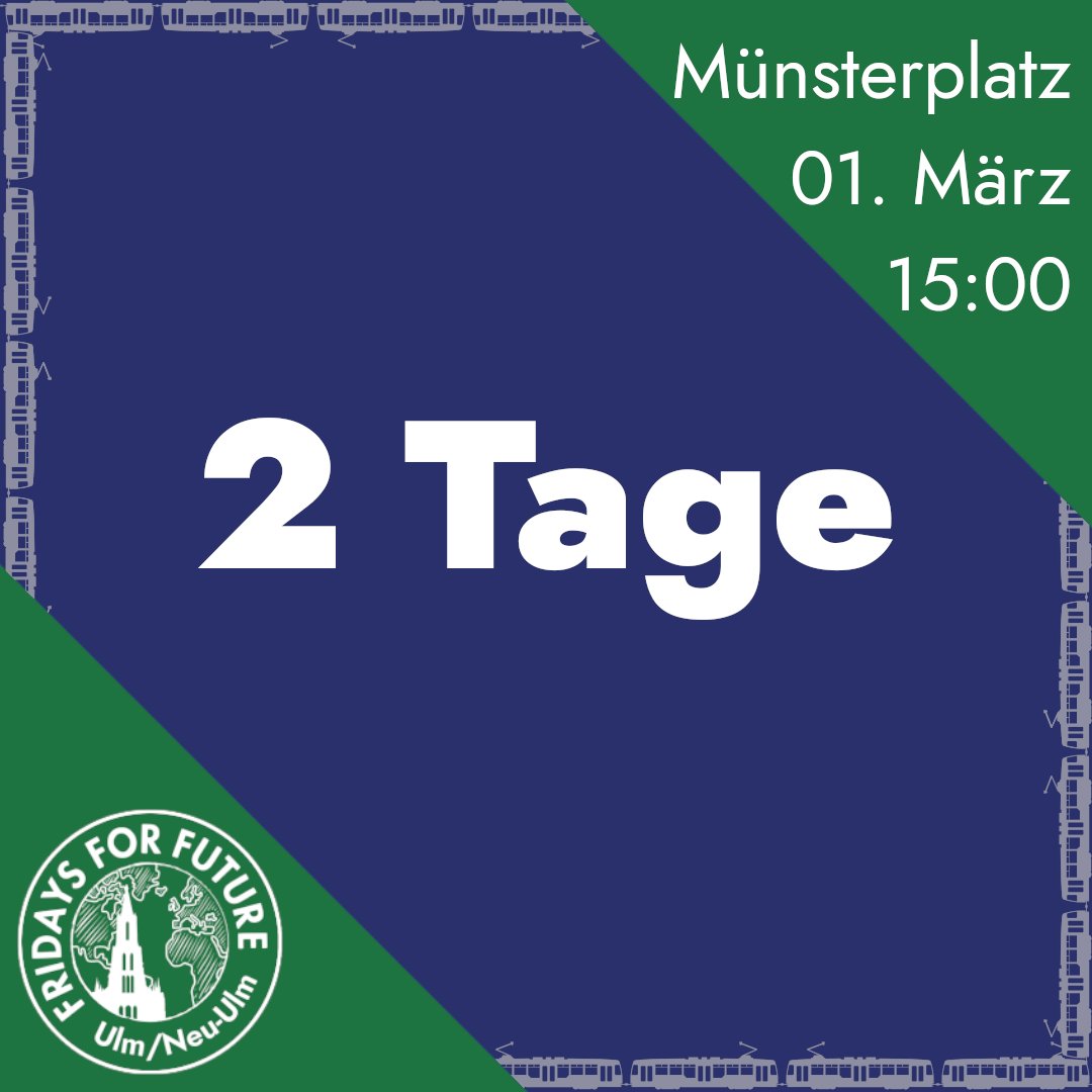 2️⃣Nur noch zwei Tage!2️⃣

🛤️Zusammen für bessere Infrastruktur im ÖPNV🛤️

🎶Freut euch auf spannende Reden und Musik von Sündflut🎶

📅 01. März
🕒 15 Uhr 
📍 Münsterplatz
#wirfahrenzusammen
#fridaysforfuture #klimastreik #climatestrike #klimakrise #climatecrisis #klima #climate