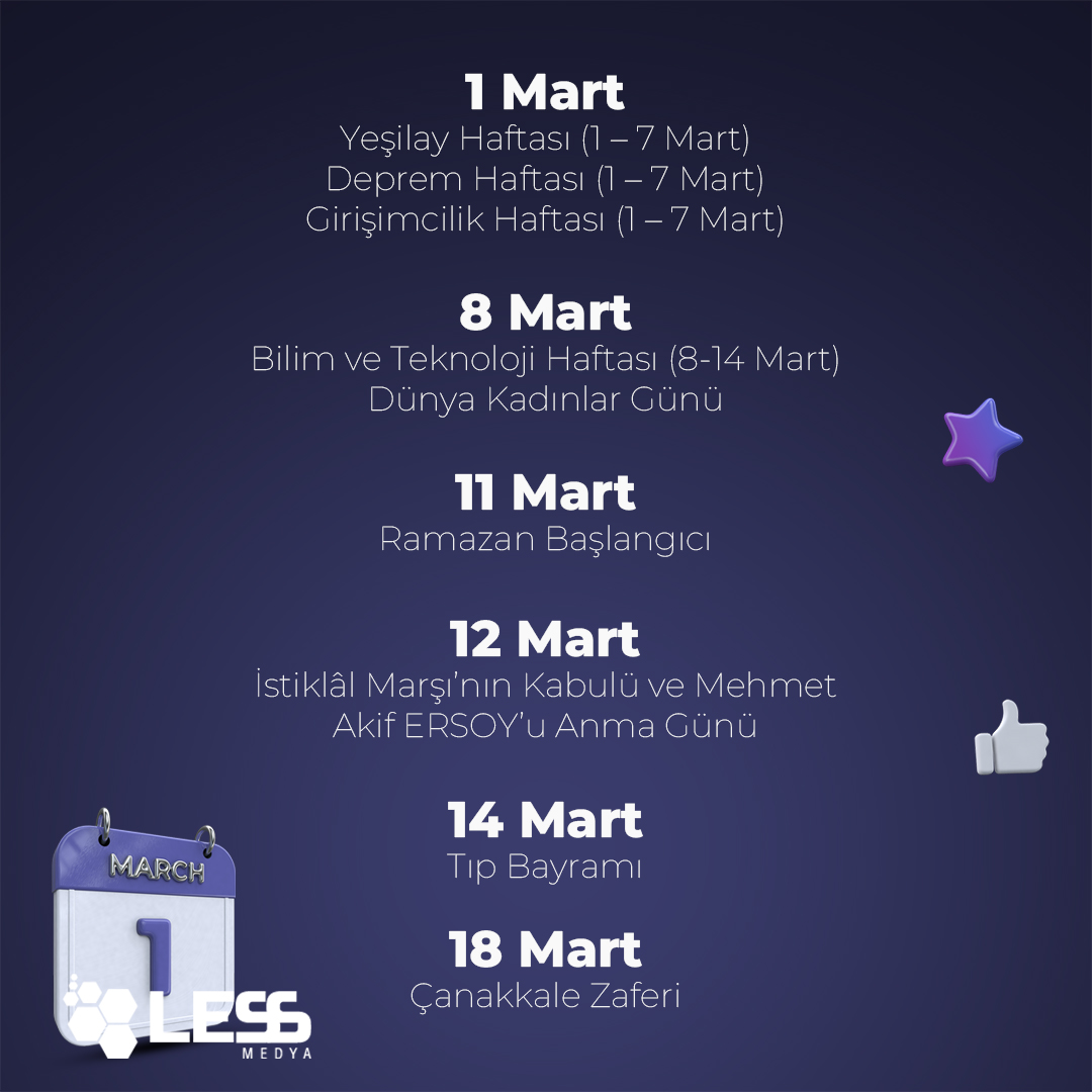 ✨2024 Mart Ayının Önemli Günleri
Sosyal medya ve dijital pazarlama çalışmalarınıza yön verecek 2024 Mart ayının özel ve önemli günler takvimini sizler için derledik.
#lessmedya #reklamajansı #önemligünler