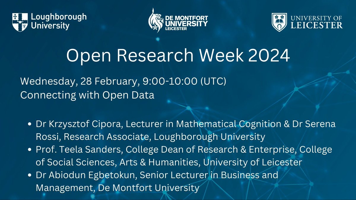 9.00am - an early start for our themed hour for day 3 (connecting with open data sharing) of our collaborative open research week event. Still time to register lboro.ac.uk/research/suppo…