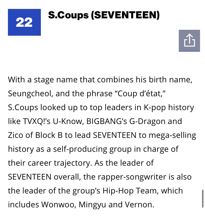 aboutscoups's tweet photo. SCOUPS ranked #22 in 2024 Billboard K-pop artist top 100 — #에스쿱스 #SCOUPS 

“As the leader of SEVENTEEN overall, the rapper-songwriter is also the leader of the group’s Hip-Hop Team, which includes Wonwoo, Mingyu and Vernon.”

🔗: https://t.co/qCGADLSklW https://t.co/cxmdS0Kjd1