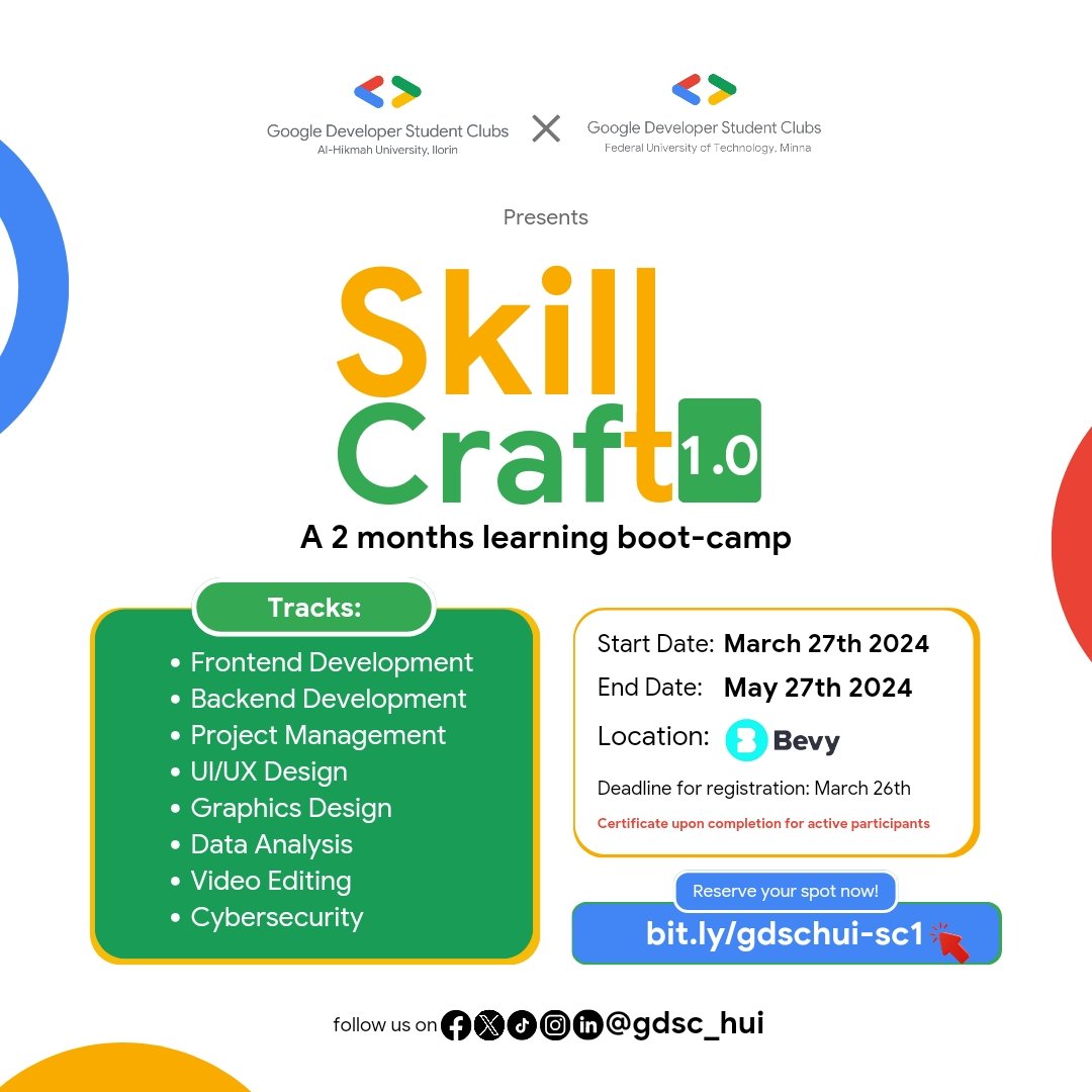 gdgoc_hui's tweet image. GDSC HUI × GDSC FUTMINNA presents skillcraft bootcamp✨
 We are excited to provide to you an amazing number of courses that have been carefully curated just for you from March 27th.😌

Register here: bit.ly/gdschui-sc1

@googlefordevs
@google 
#GDSCSSA 
#gdschui