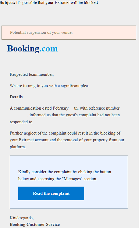 v4ensics's tweet image. In a different ploy #phisher informs the targeted hotel that a complaint has not been answered to and that they need to answer otherwise they will be blocked from @bookingcom sendemail.andes-tecp[.]cl/stewardess is used to direct victims to booking-com[.]xtranet-id028437[.]homes
