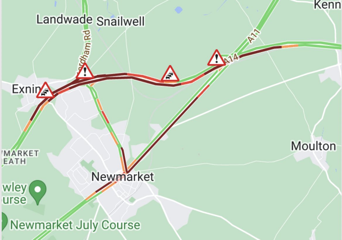 #A14 westbound - partially blocked and queueing traffic - after J37 (Newmarket/A142) - reports of a collision involving three vehicles - queues halfway back to J39 (Kentford) - 20 minute delays towards Cambridge - LONG queues also through Newmarket