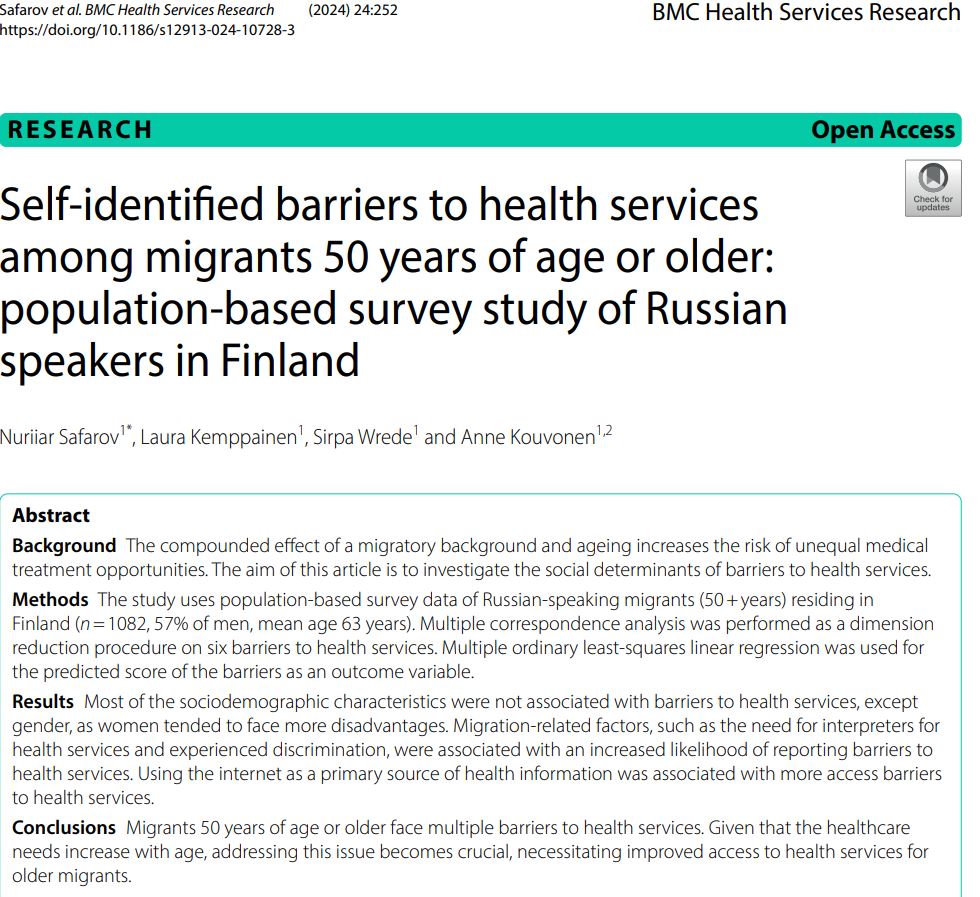 In our new study we found that older long-term #migrants face multiple barriers to #health #services in Finland. @NuriSafarov @SirpaWrede @STNDigiIN @CoE_AgeCare bmchealthservres.biomedcentral.com/articles/10.11…
