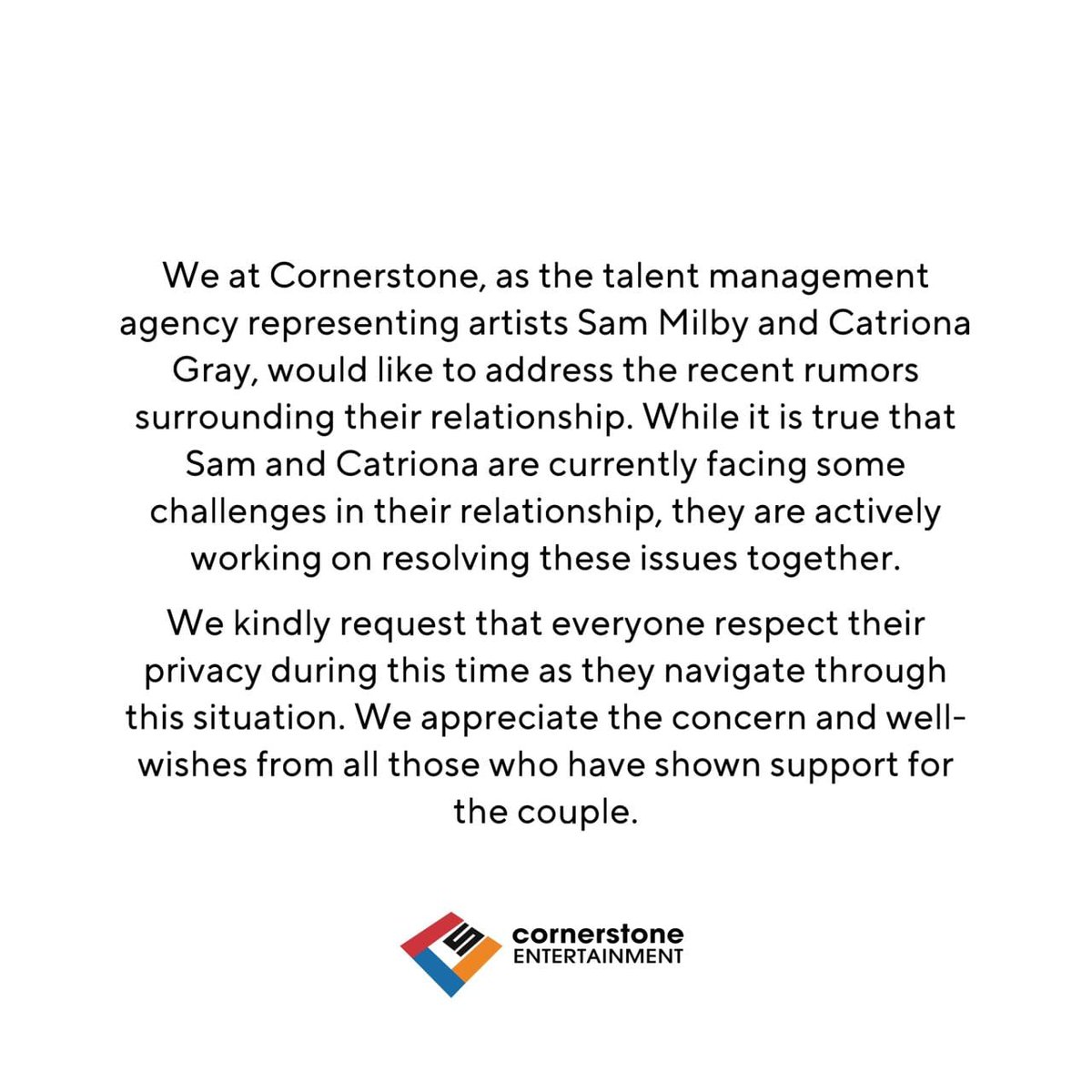 Cornerstone, the talent management of Sam Milby and Catriona Gray, released a statement Wednesday, February 28, 2024, regarding the rumors surrounding the relationship of the couple.
📷Cornerstone
#SunStarEntertainment