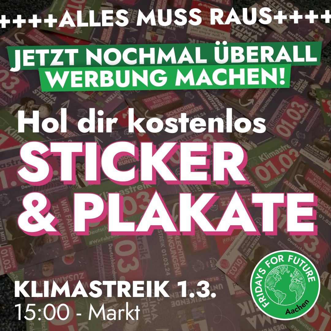Fridays for Future Aachen (@futurefridaysac) on Twitter photo Mobi, Mobi, Mobi! 🎉
Hol dir im "Pfannenzauber" (Suermondtplatz 12) zu den Öffnungszeiten jede Menge neues Material ab. Damit alle wissen:
🚨DIESEN FREITAG KLIMASTREIK🚨
15 Uhr, Markt Mobi, Mobi, Mobi! 🎉
Hol dir im "Pfannenzauber" (Suermondtplatz 12) zu den Öffnungszeiten jede Menge neues Material ab. Damit alle wissen:
🚨DIESEN FREITAG KLIMASTREIK🚨
15 Uhr, Markt