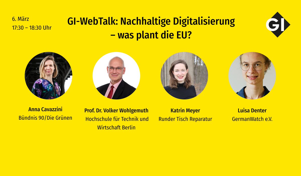 informatikradar's tweet photo. Nächsten Mittwoch noch nichts vor? Im #GIWebTalk wollen wir gemeinsam mit Expert*innen aus Politik, Zivilgesellschaft und Informatik die #ÖkodesignVO und das #RechtAufReparatur im Hinblick auf eine nachhaltige Digitalisierung diskutieren.
Jetzt anmelden 👉 https://t.co/TKyXJef431 https://t.co/EoCog1ftlf