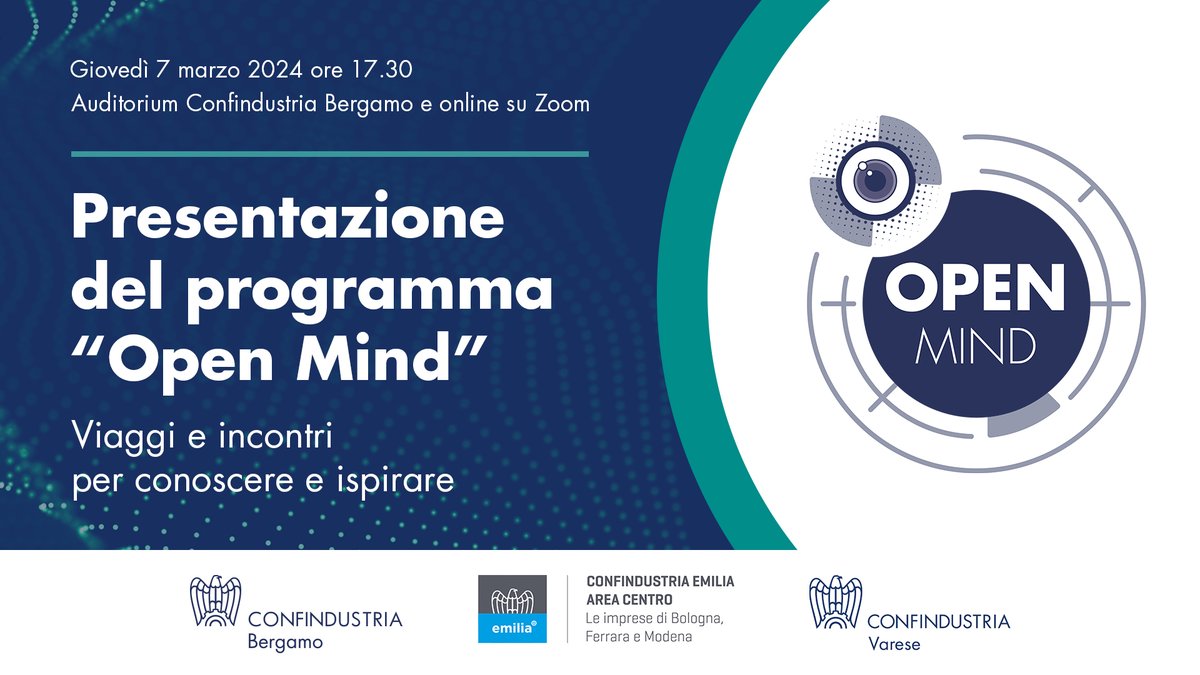 Si terrà il 7/3 la presentazione del programma Open Mind. Un incontro organizzato con <a href="/ConfindustriaBG/">Confindustria Bergamo</a> e <a href="/ConfindustriaEM/">Confindustria Emilia</a> per illustrare il percorso di iniziative con focus su eccellenze tecnologiche, digitali, organizzative, di governance e sostenibilità  tinyurl.com/t34dy7up
