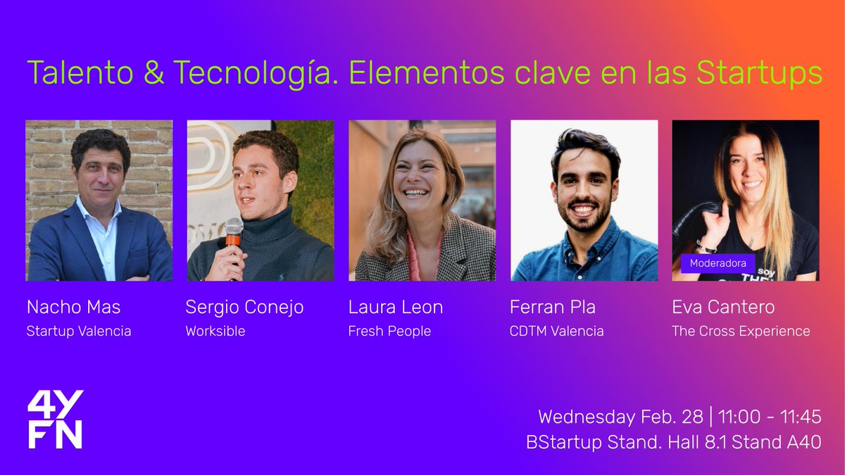 Startup_VLC's tweet photo. 👉 Hoy a las 11h te esperamos en #4YFN24 para hablar sobre #talento y tecnología
Con 🗣 @nacho_mas (Startup Valencia), @sergioconejo_ (@worksible), Laura León (@FreshPple), Ferran Pla (@cdtm_munich #Valencia) y @EvaCanteroB (@TheCross_EX)
📍#BStartup Stand. Hall 8.1 Stand A40 https://t.co/LOt7fG58G8
