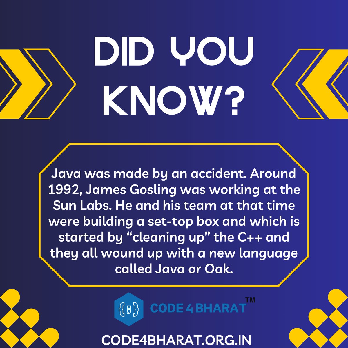 'Ever wondered how Java came to be? In 1992, James Gosling and team accidentally birthed Java while 'cleaning up' C++. From mishap to powerhouse, it's now a programming legend! 💻✨ #Java #ProgrammingTrivia #TechHistory #Innovation'