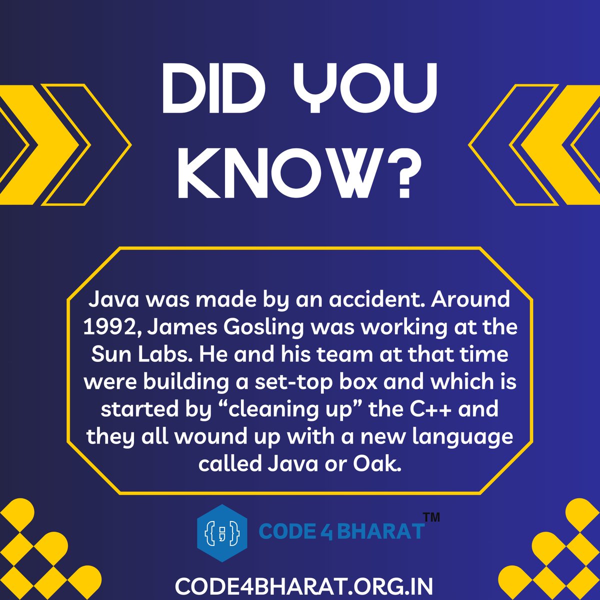 Code4Bharat's tweet image. &quot;Ever wondered how Java came to be? In 1992, James Gosling and team accidentally birthed Java while &apos;cleaning up&apos; C++. From mishap to powerhouse, it&apos;s now a programming legend! 💻✨ #Java #ProgrammingTrivia #TechHistory #Innovation&quot;