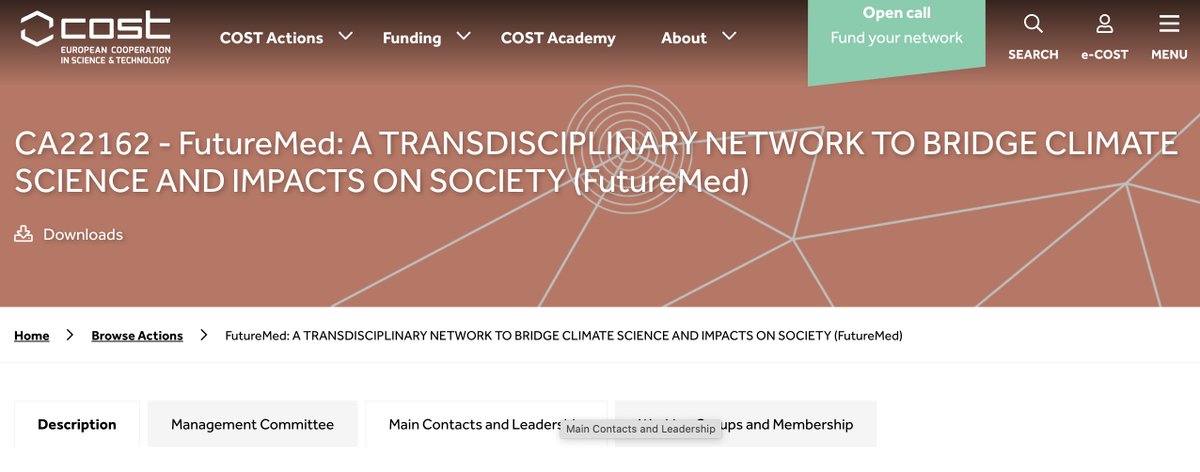 #COSTAction CA22162 - FutureMed: A #TRANSDISCIPLINARY NETWORK TO BRIDGE #CLIMATE SCIENCE AND IMPACTS ON #SOCIETY (#FutureMed) is looking for researchers specifically from #SouthMediterranean countries. 

<a href="/SavelliElisa/">Elisa Savelli</a> @g_dibaldassarre

Check it at cost.eu/actions/CA2216…