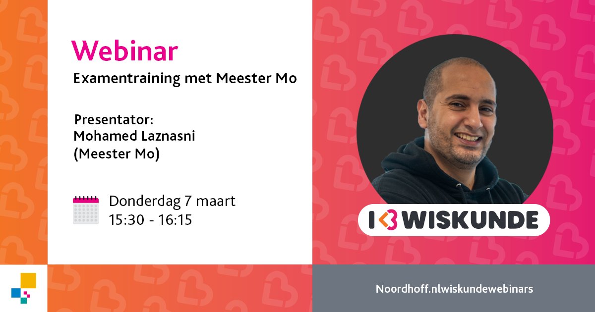 🎓 Jouw leerlingen vol vertrouwen het wiskunde-examen in laten gaan? Meester Mo laat je zien hoe! 

🗓️ Donderdag 7 maart
🕒 Van 15:30 tot 16:15 uur
👉 Meer info en aanmelden tinyurl.com/4uspcvdw