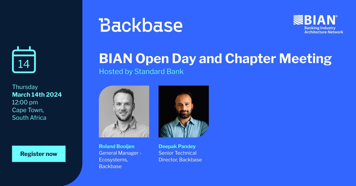 Catch us in Cape Town! 🇿🇦 Join Roland Booijen &amp; Deepak Pandey at the BIAN Open Day to discover how we're helping banks tackle integration challenges head-on.

Grab your spot before it's too late – registration ends 29 February! ow.ly/KVs650QIhp3