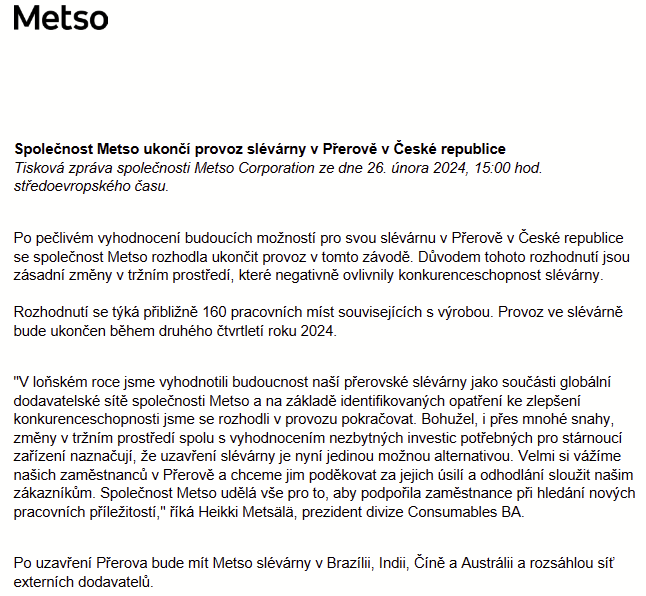 160 zaměstnanců firmy @MetsoOfficial v Přerově přijde v průběhu druhého čtvrtletí 2024 o práci. Důvody - zásadní změny v tržním prostředí. Vítám, že firma má velký zájem pomoci v hledání nového zaměstnání pro zaměstnance.