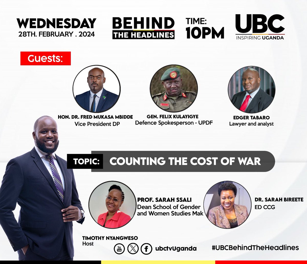 Tonight on @ubctvuganda at 10pm. We count the cost of “Fragile DRC.” What/Who are behind the armed conflict in “Fragile DRC” and Why? Meet the panel @edtabaro @SarahBireete @SsaliSarah @Mbidde @FKulayigye #UBCBehindtheHeadlines