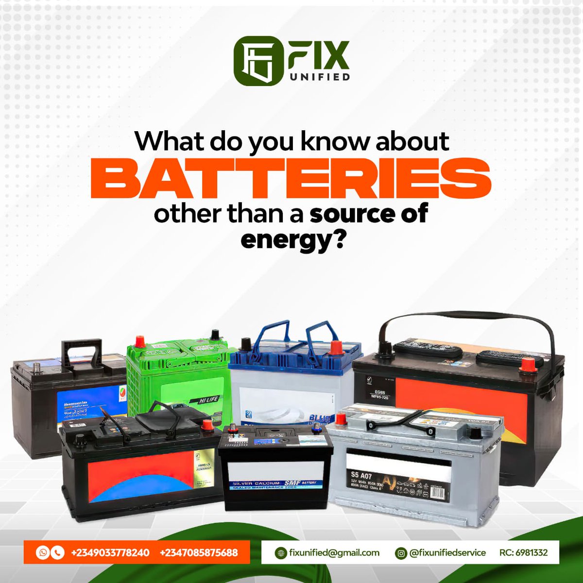 fixunified's tweet image. Did you know batteries are more than just a source of energy? 🤔 
Explore the fascinating world of power storage with us! 
Ready to take charge? Shop our latest battery innovations now! ⚡
#BatteryLife #PowerStorage #Fix #Fixunifiedservice #energy #EnergySolutions #batteries