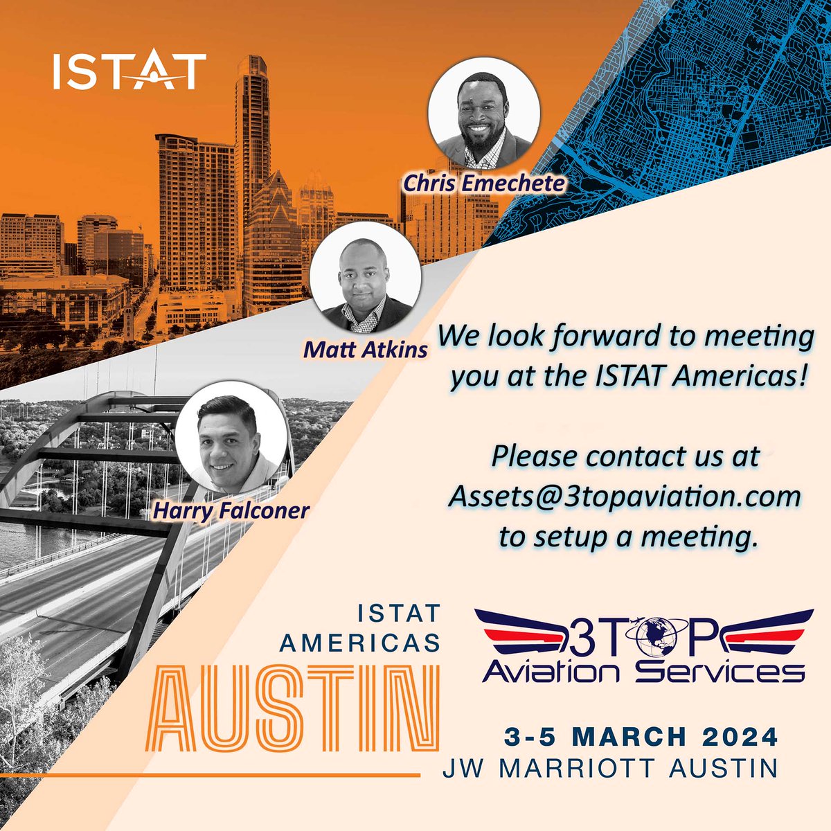 #ISTATUSA #ISTATAMERICAS #3TOP #AviationEvents #BreathAviation

To arrange a meeting contact:

Chris Emechete - Chris@3topaviation.com
Matt Atkins - Matt.Atkins@3topavition.com
Harry Falconer - Harry.Falconer@3topaviation.com