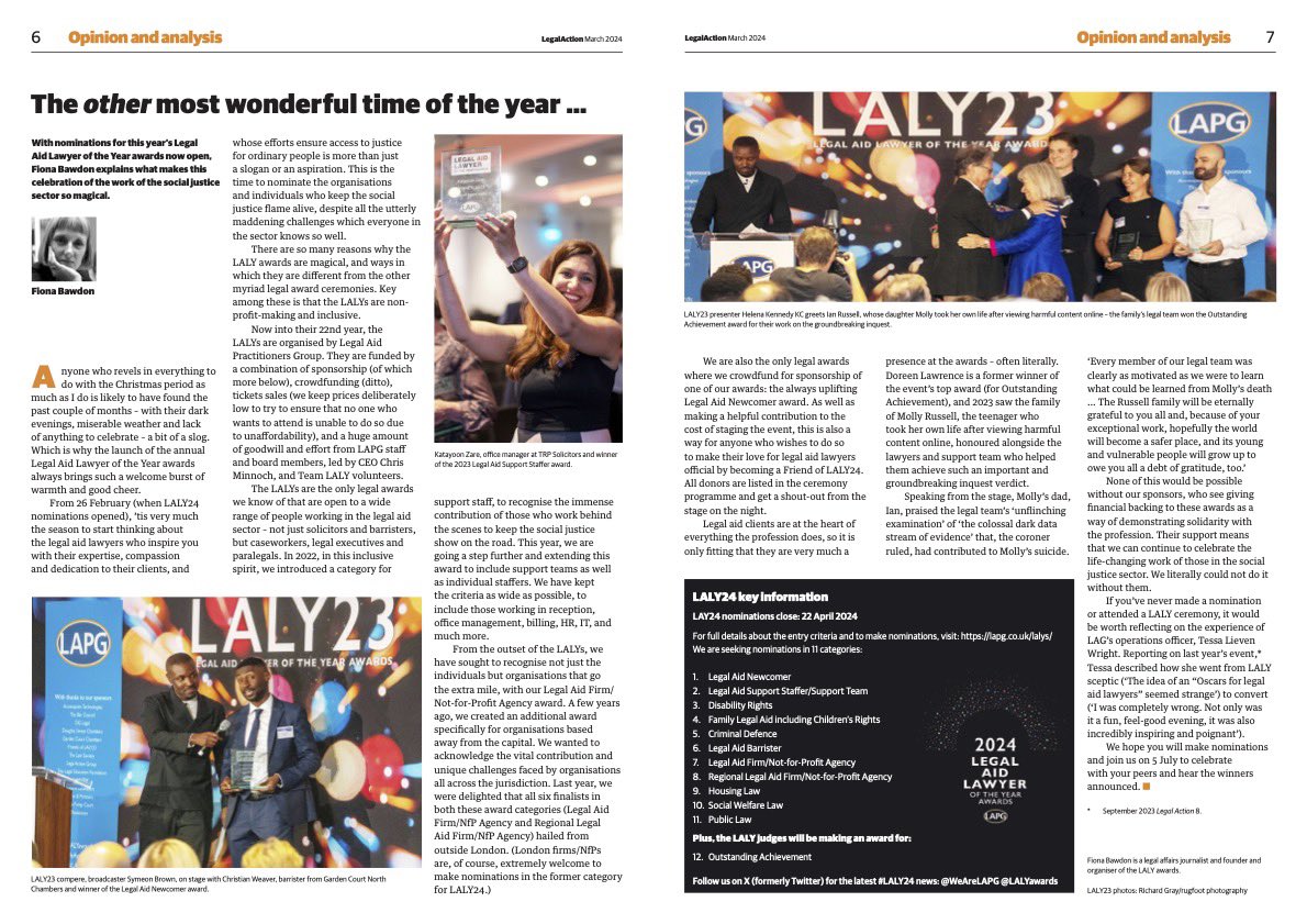 LAG is proud to be media partner for the #LALY24 

Here’s co-founder @FionaBawdon giving us a taster of why we ❤️ the @LALYawards in @LegalActionMag 

‘The second most wonderful night of the year’

lag.org.uk/?id=215169