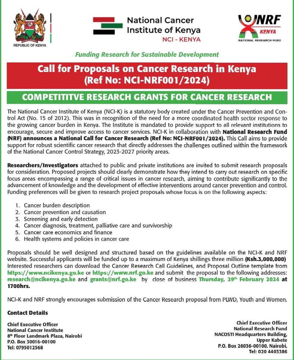 This is a friendly reminder that the deadline for submitting proposals is fast approaching. If you haven't already submitted your proposal for consideration, please ensure you do so before the end of business on Thursday 29th February, 2024. @NCIKenya nrf.go.ke/2024/01/30/cal…