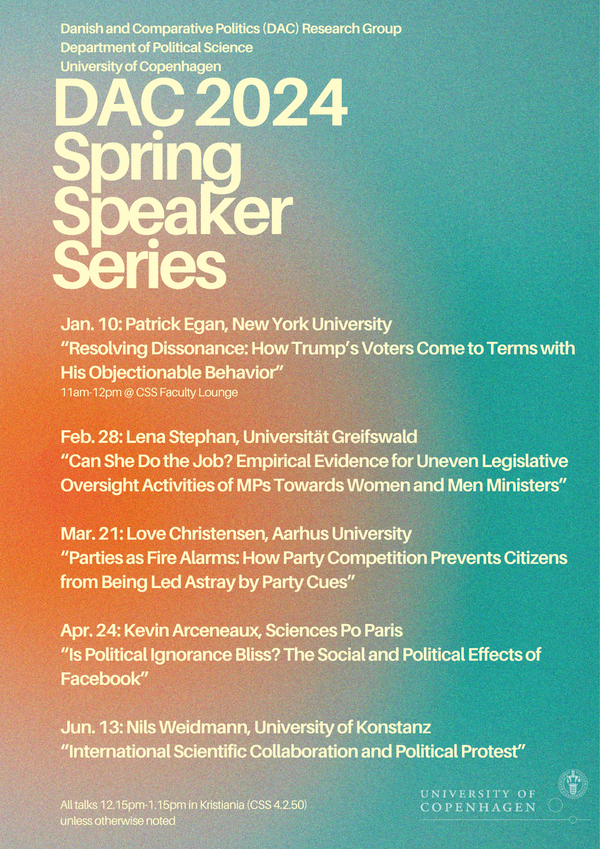 Excited to welcome @Lena_Stephan_ today to present work on gender bias in legislative oversight as part of @PolsciCph's Danish and Comparative Politics Speaker Series