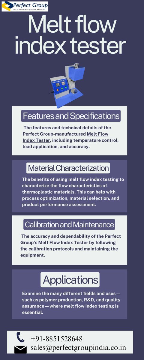 perfectgroup12's tweet image. Melt Flow Index Tester
The Melt Flow Index Tester provides accurate flow property analysis of thermoplastic materials, which is essential for polymer production and quality assurance. 
#perfectgroupindia #industrial  #meltflowindextester
Visit us: perfectgroupindia.co.in/melt-flow-inde…