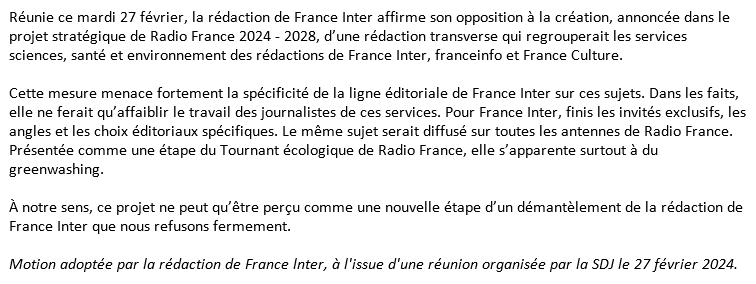 SDJ France Inter (@sdjfranceinter) on Twitter photo La rédaction de France Inter s'oppose à la création, annoncée dans le projet stratégique de Radio France 2024 - 2028, d’une rédaction transverse qui regrouperait les services "sciences, santé et environnement" des rédactions de France Inter, franceinfo et France Culture. La rédaction de France Inter s'oppose à la création, annoncée dans le projet stratégique de Radio France 2024 - 2028, d’une rédaction transverse qui regrouperait les services "sciences, santé et environnement" des rédactions de France Inter, franceinfo et France Culture.