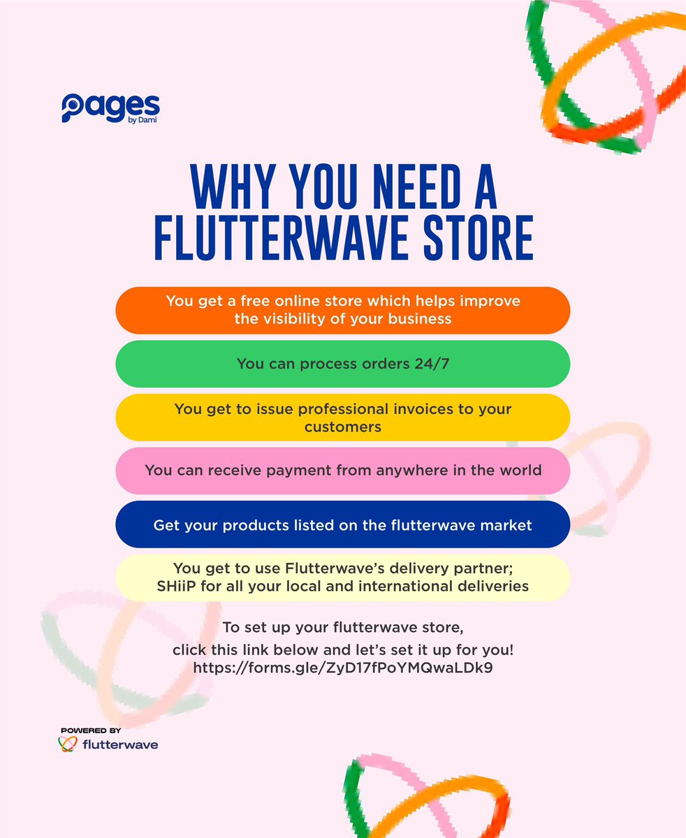 pagesbydammy's tweet image. Maximize your online presence by creating a flutterwave store! Reach out to us to help create your store for you! 🥳💃🏽

#flutterwavecommerce 
#pagesbydamicommerce