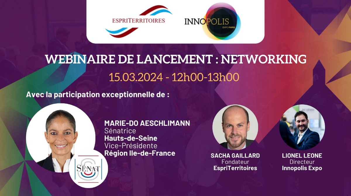 ☀ Le 15 mars, de 12h00 à 13h00 en ligne - Lancement du réseau Networking @EspriTerritoires - <a href="/InnopolisExpo/">InnopolisExpo</a> ! ☀

🎤 Pour notre premier événement, nous sommes honorés d'accueillir Madame le Sénateur <a href="/MDoAeschlimann/">Marie-Do Aeschlimann</a> 

Inscription ici ▶ lnkd.in/eh8Cm8UA