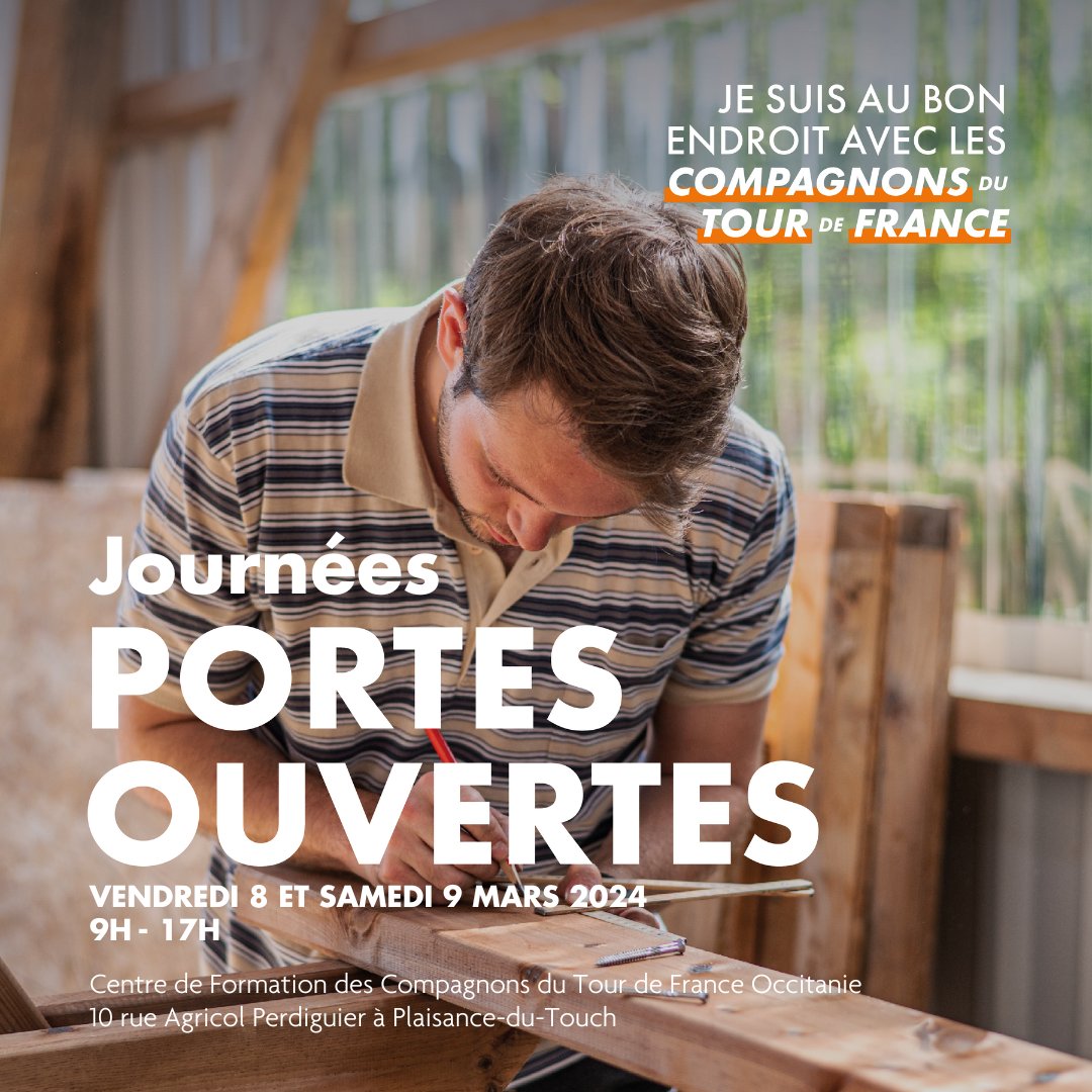 Journées Portes Ouvertes chez les Compagnons du Tour de France ! 📣
Les métiers de la Construction vous attirent ? Venez découvrir nos formations en alternance du CAP au Bac+2 🛠️
Rdv vendredi 8 et samedi 9 mars de 9h à 17h 🕘
10 rue Agricol Perdiguier à Plaisance-du-Touch 📍