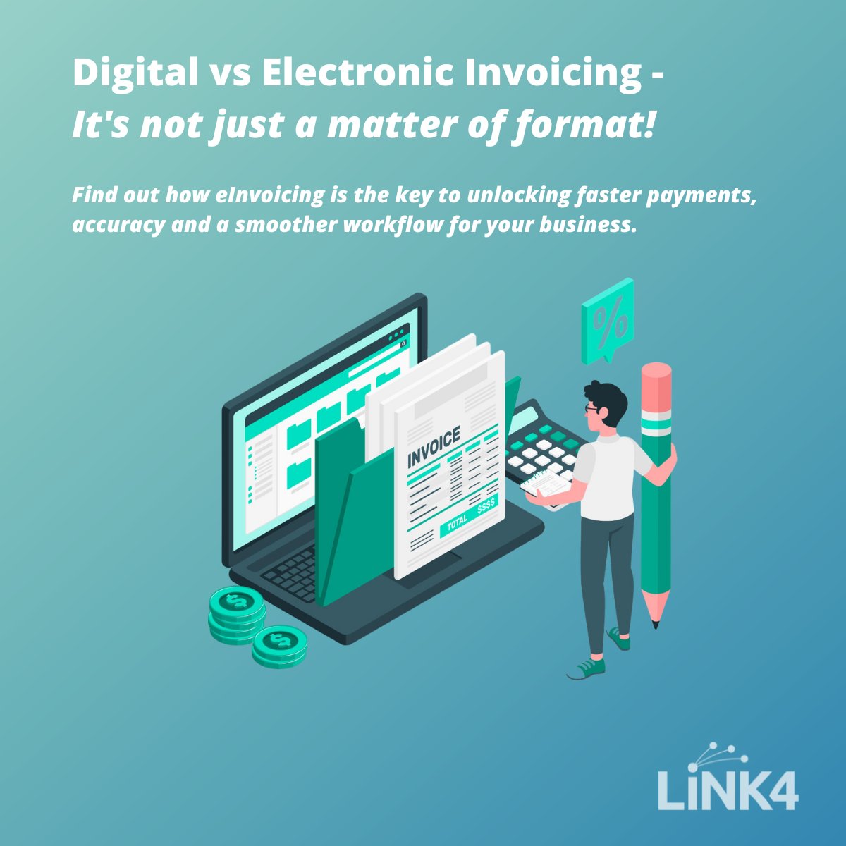 Streamline your business with eInvoicing! Forget error-prone PDFs and emails. eInvoicing automates data for faster processing and payments. Read more: zurl.co/gWPQ.

#Link4 #Digitaltransformation #eInvoicing
