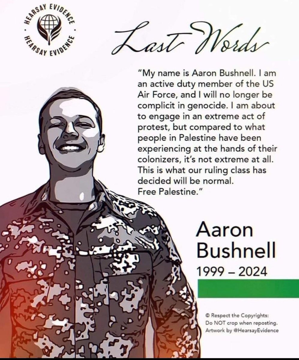 Another casualty of this tragedy as it plays out on the world stage. Any group that dehumanizes or visits violence on another is a threat to all. Nothing will change until we change. RIP and power brother. Rest in LOVE. #AaronBushnell