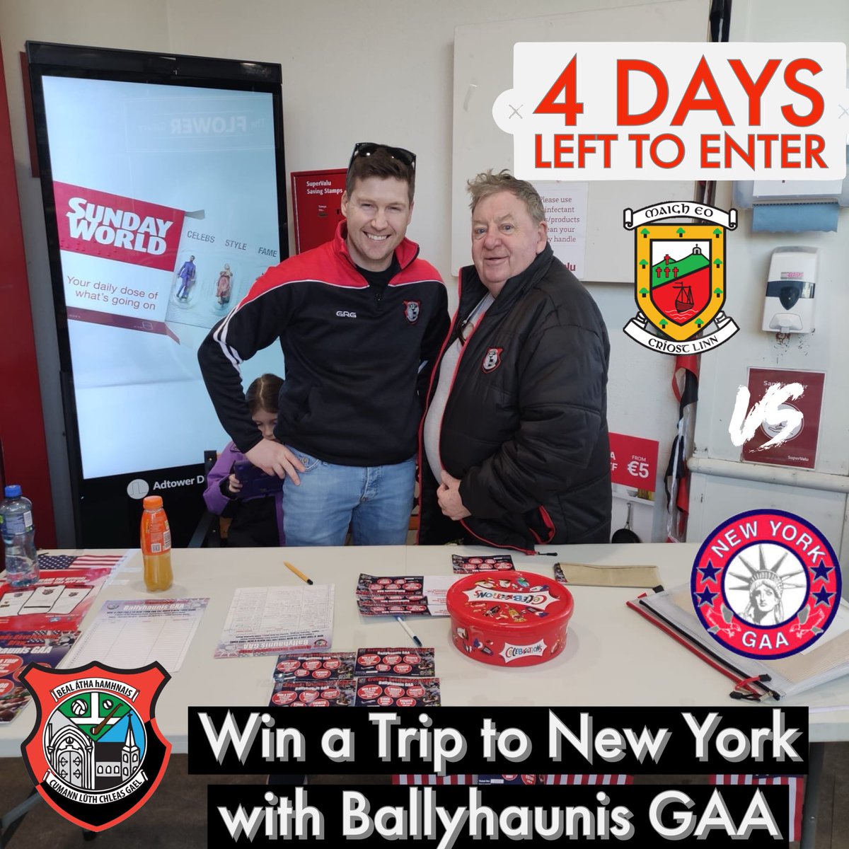 4️⃣ Days remaining to enter! 

What a prize to win… Trip of a lifetime to New York in April 🗽

Draw takes place THIS SUNDAY!

Make sure to purchase your raffle tickets ⤵️
member.clubspot.app/club/ballyhaun… 

Best of Luck ❤️🖤💚❤️