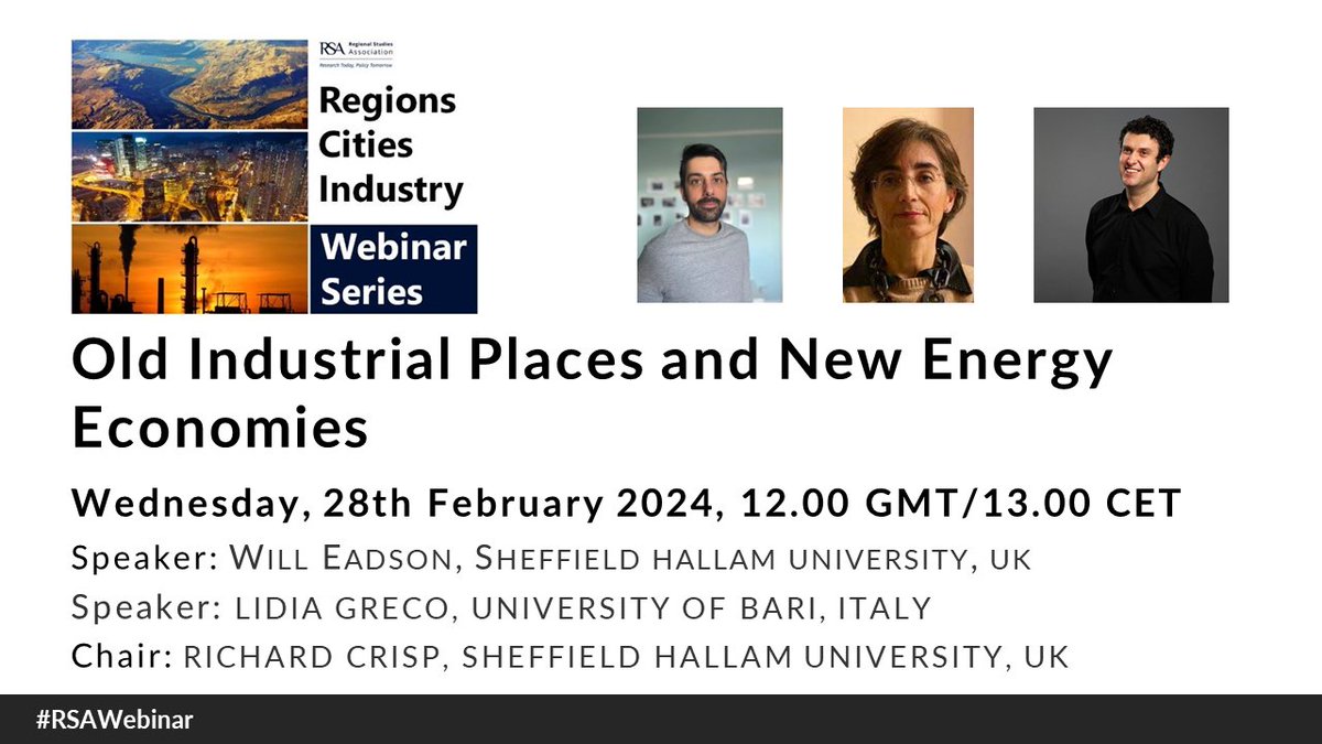 Don't miss today's Regions Cities Industry webinar - today at 12.00 GMT/13.00 CET with @Will_Eadson, Lidia Creco & chaired by Richard Crisp. Free registration: bit.ly/RCI28Feb #RSAWebinar