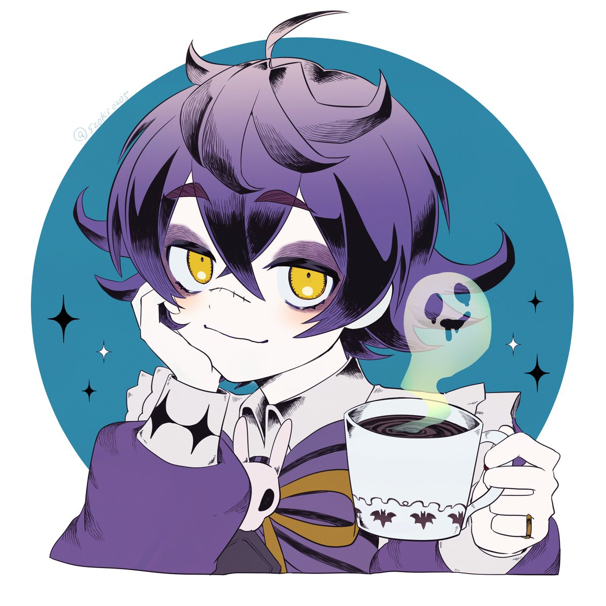 cup yellow eyes 1boy male focus holding holding cup solo  illustration images