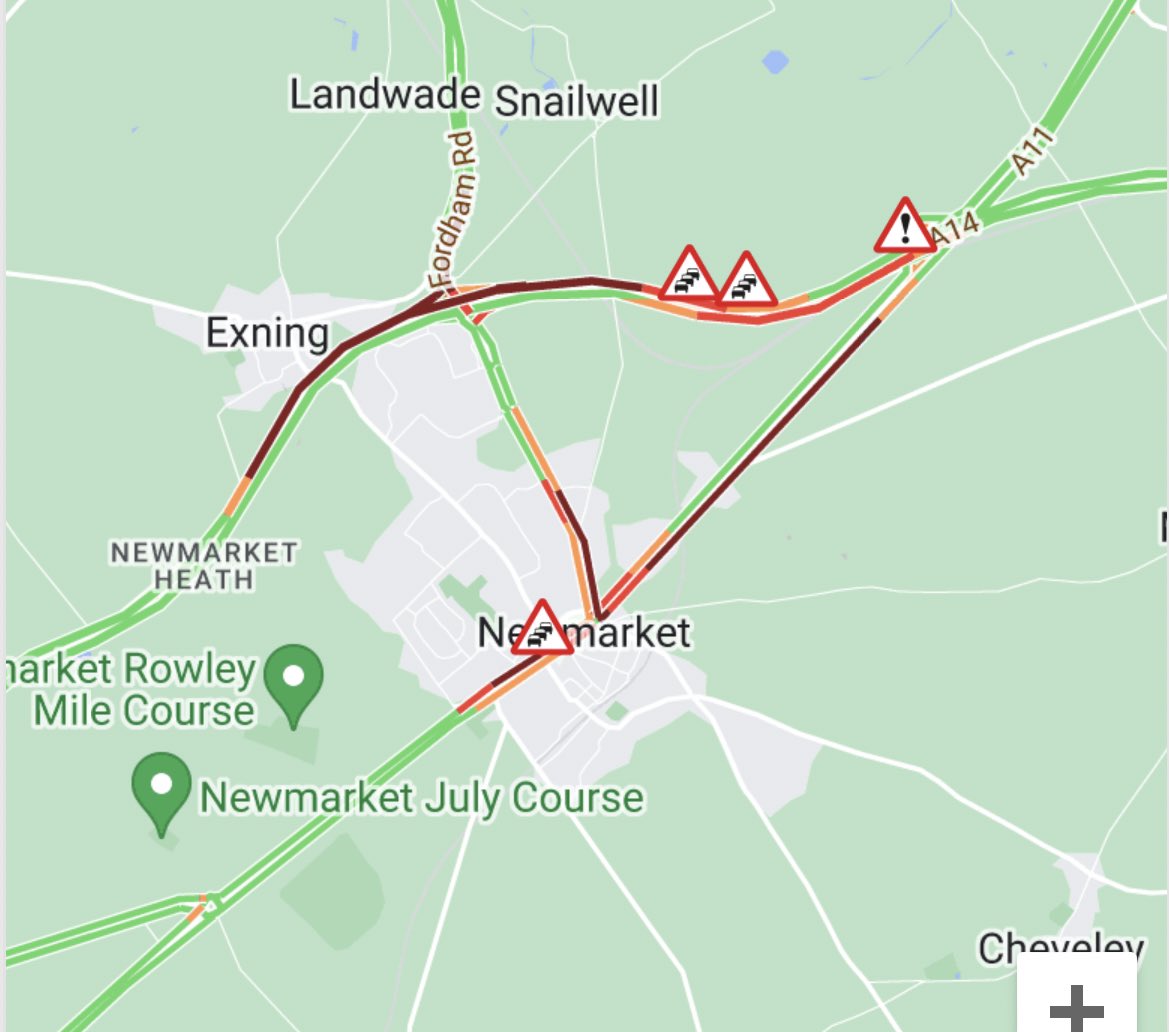 #A14 eastbound - two lanes closed and queueing traffic for 3 miles - between J37 (Newmarket/A142) and J38 (A11) - due to drainage repairs and flooding - adding 30 minute delays towards Bury St Edmunds - queueing through Newmarket (A1304)