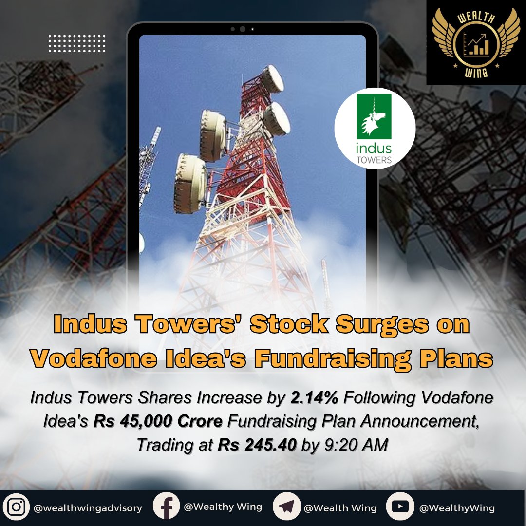 Indus Towers ascends 2% on the wings of Vodafone Idea's ambitious Rs 45,000 crore fundraising plans! 🚀💰 

#IndusTowers #VodafoneIdea #FundraisingGoals #StockMarketWin #GrowthPotential