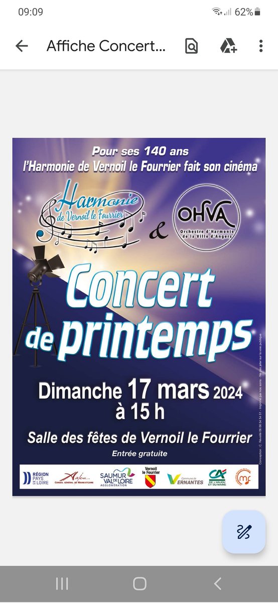 Notre prochain concert le 17 mars à Vernoil-Le-Fourrier pour les 140 ans de l'Harmonie. Musiques de films au programme ! #orchestresdharmonie #musiquesdefilms #saumurvaldeloire #saumurval