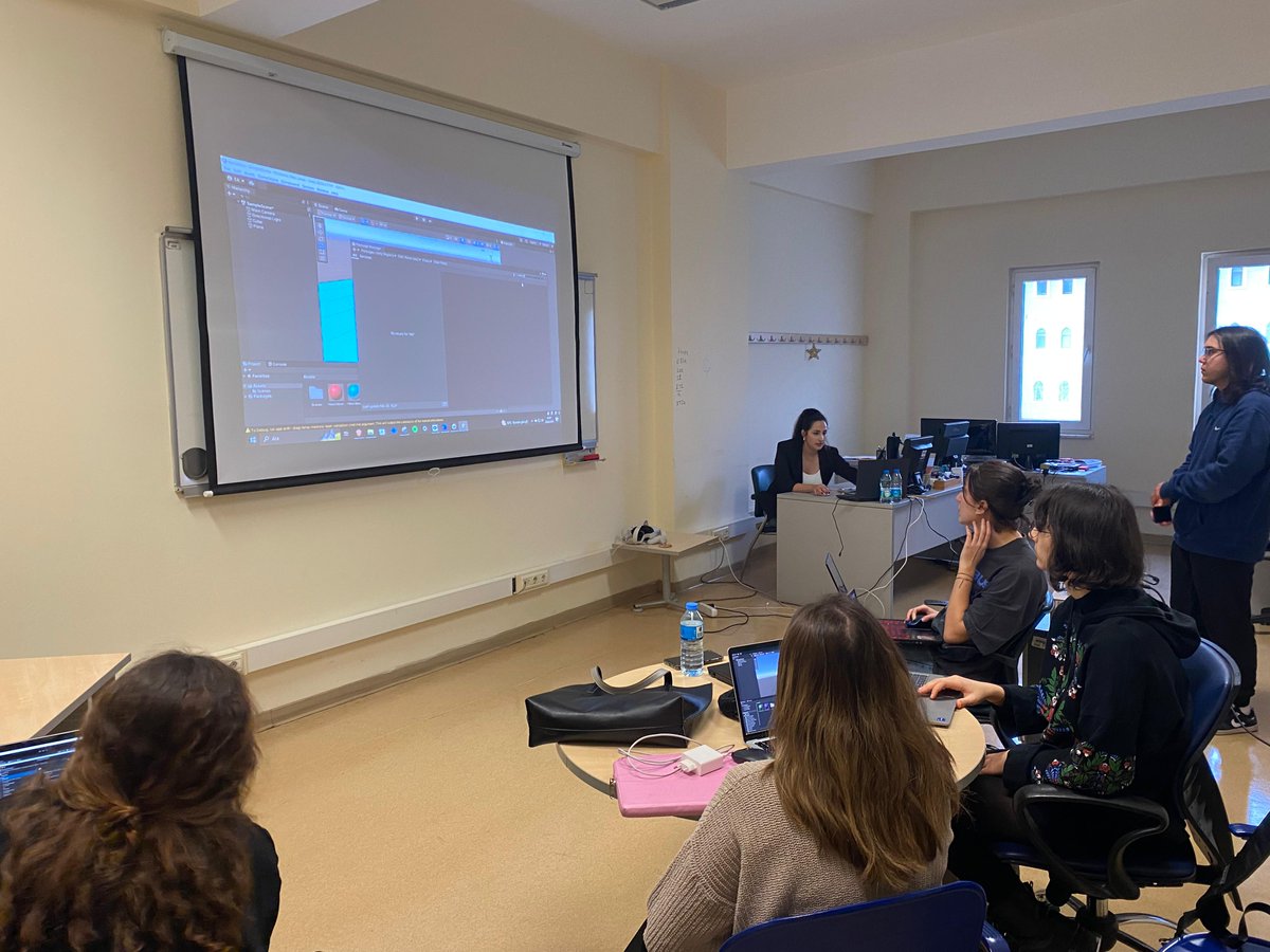 CnvpLab's tweet photo. 🚀 Our lab members Eren Akyürek, Ezgi Kara, and @Irmak_kalkan11 organized a workshop focusing on developing simple VR environments in Unity! Participants learned about Unity's interface, creating terrains&amp;adding features to assets. It was an exciting opportunity for all levels!🎮 https://t.co/A6c1cSoH2t