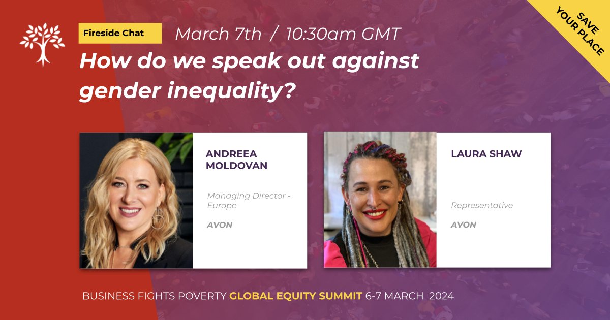 Business Fights Poverty (@fightpoverty) on Twitter photo We’re excited to have Andreea Moldovan & Laura Shaw joining our Global Equity Summit Fireside Chat hosted with <a href="/avonworldwide/">Avon Worldwide</a>.
🗣️ Tackle #GBV & boost #WomenEmpowerment
🗓️10:30 AM GMT / 1.30 PM EAT
🌐 Online
🎟️ Secure your free spot with promo code GES24X
🔗 We’re excited to have Andreea Moldovan & Laura Shaw joining our Global Equity Summit Fireside Chat hosted with <a href="/avonworldwide/">Avon Worldwide</a>.
🗣️ Tackle #GBV & boost #WomenEmpowerment
🗓️10:30 AM GMT / 1.30 PM EAT
🌐 Online
🎟️ Secure your free spot with promo code GES24X
🔗