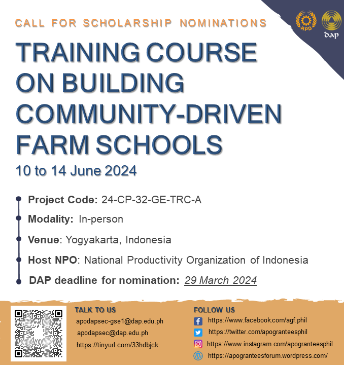 apogranteesphil's tweet photo. Upcoming #APOProject
Training Course on Building Community-driven Farm Schools, 10 to 14 June 2024, to be held in Yogyakarta, Indonesia.
For interested Filipino applicants, please click this link: https://t.co/EdlTACcrMl or scan the code in the picture.
#APO #Productivity https://t.co/uAzxyaE7Xs