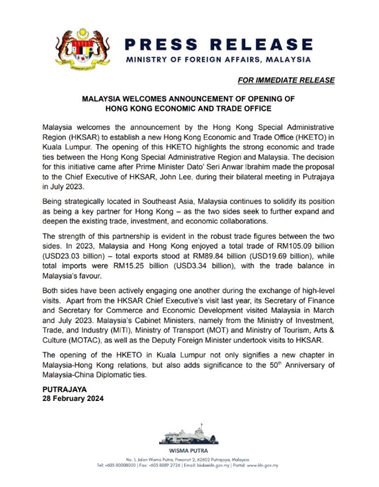 MalaysiaMFA's tweet photo. PRESS RELEASE: MALAYSIA WELCOMES ANNOUNCEMENT OF OPENING OF HONG KONG ECONOMIC AND TRADE OFFICE https://t.co/w3CKHeinxe