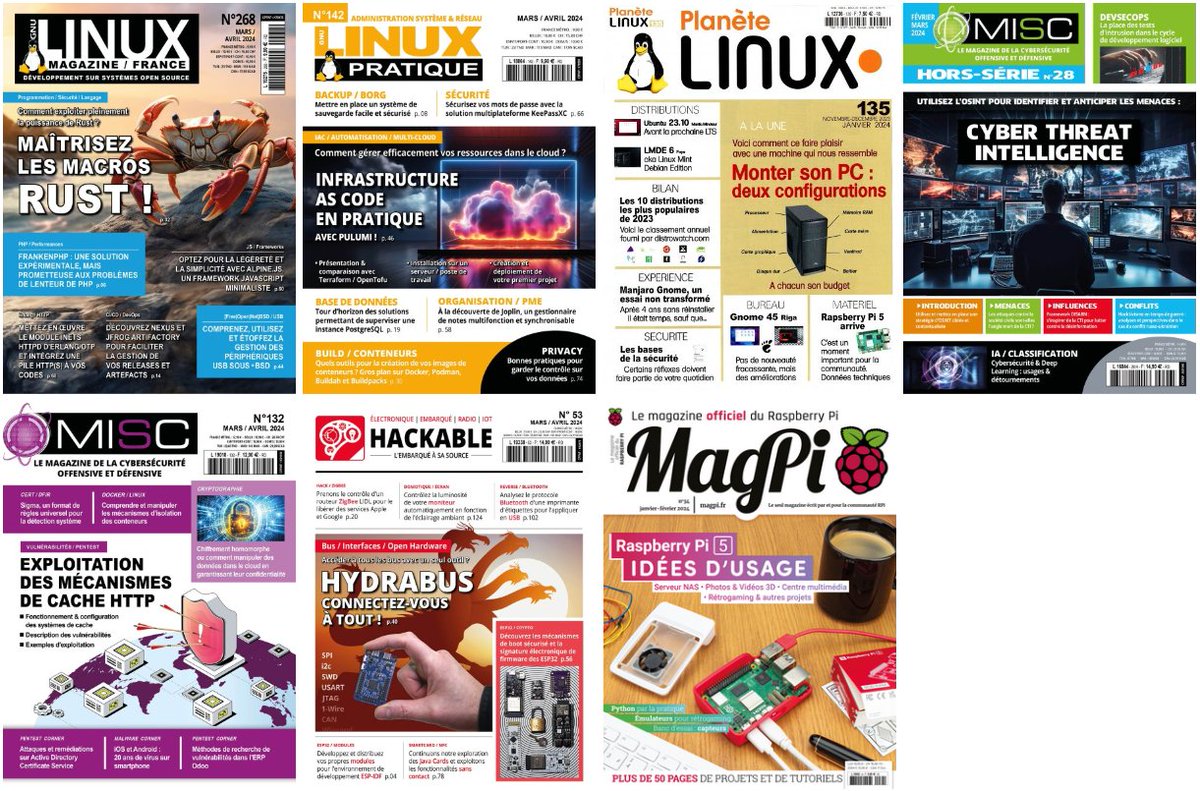 linuxfrorg's tweet photo. 📰 Revue de presse de mars 2024 : petit panorama subjectif et parti{e,a}l de la presse papier sortie en cette fin février sur vos sujets préférés. On y retrouve du @gnulinuxmag  @linuxpratique  @MISCRedac  #PlaneteLinux @MagPi_FR et @hackablemag !

🗞 https://t.co/LujdFxBgR2 https://t.co/a1bmpX1OaI
