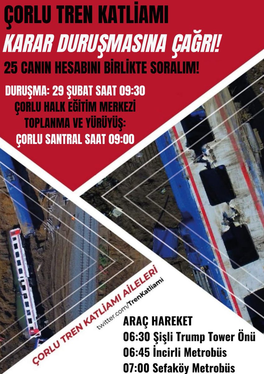 Gökmen Yeşil ☭ (@av_gokmenyesil) on Twitter photo Yarın Çorlu Tren Katliamının “KARAR DURUŞMASI” var.
Araç hareket bilgileri aşağıdadır
Duruşmaya katılmak isteyenler ayrıca <a href="/TrenKatliami/">Çorlu Tren Katliamı Aileleri</a> hesabına direk mesajla ulaşabilirler
#CorluTrenKatliamı
#ÇorluİçinAdalet Yarın Çorlu Tren Katliamının “KARAR DURUŞMASI” var.
Araç hareket bilgileri aşağıdadır
Duruşmaya katılmak isteyenler ayrıca <a href="/TrenKatliami/">Çorlu Tren Katliamı Aileleri</a> hesabına direk mesajla ulaşabilirler
#CorluTrenKatliamı
#ÇorluİçinAdalet