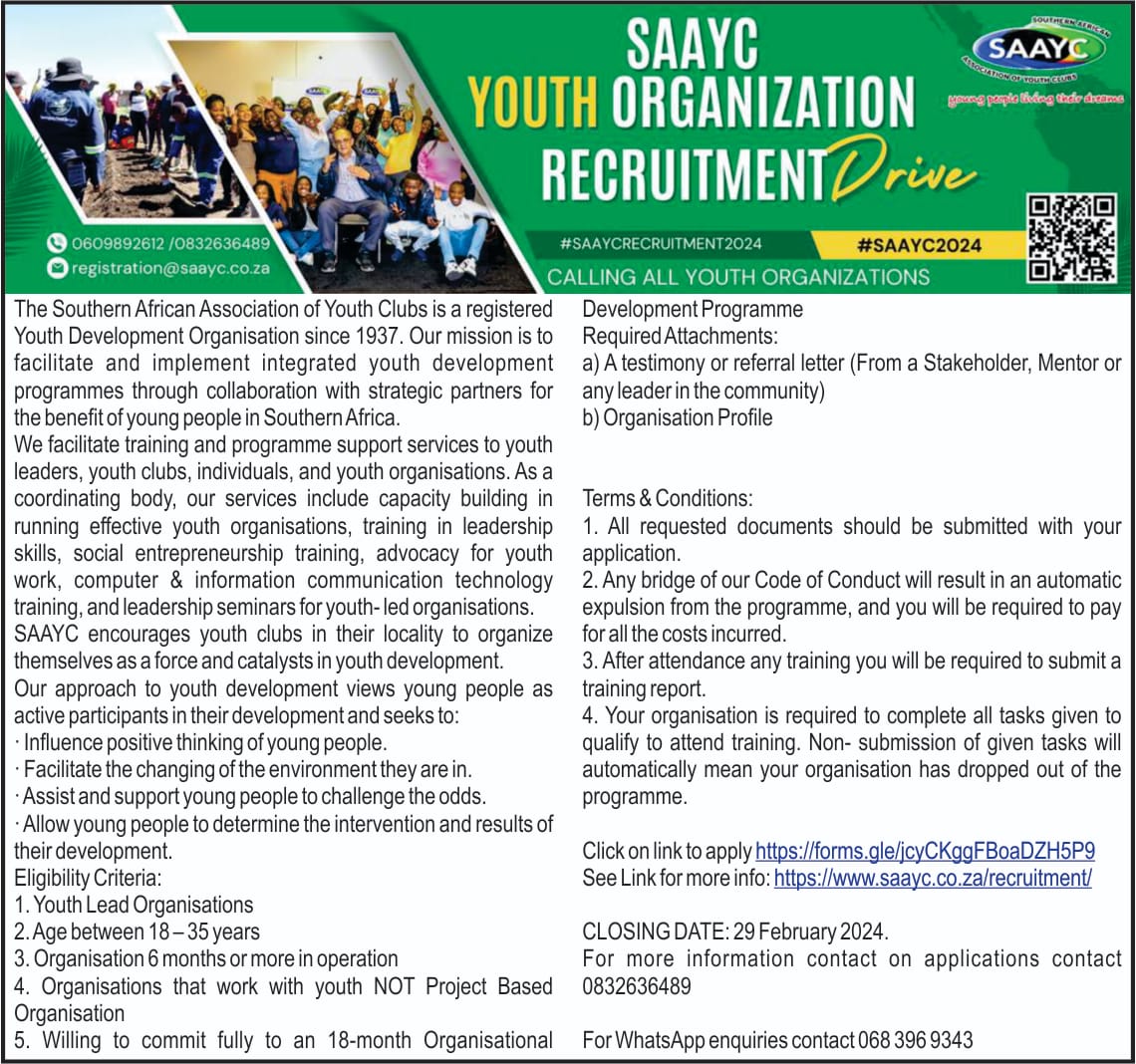 [MEDIA ALERT-NEWSPAPER AD] Don't miss out! Our recruitment campaign, by SAAYC, is in full swing and closing on February 29th, 2024. Organizations, seize the opportunity to join us on this exciting journey! See Link: issue.co.za #RecruitmentDrive #ISSUENEWPAPER