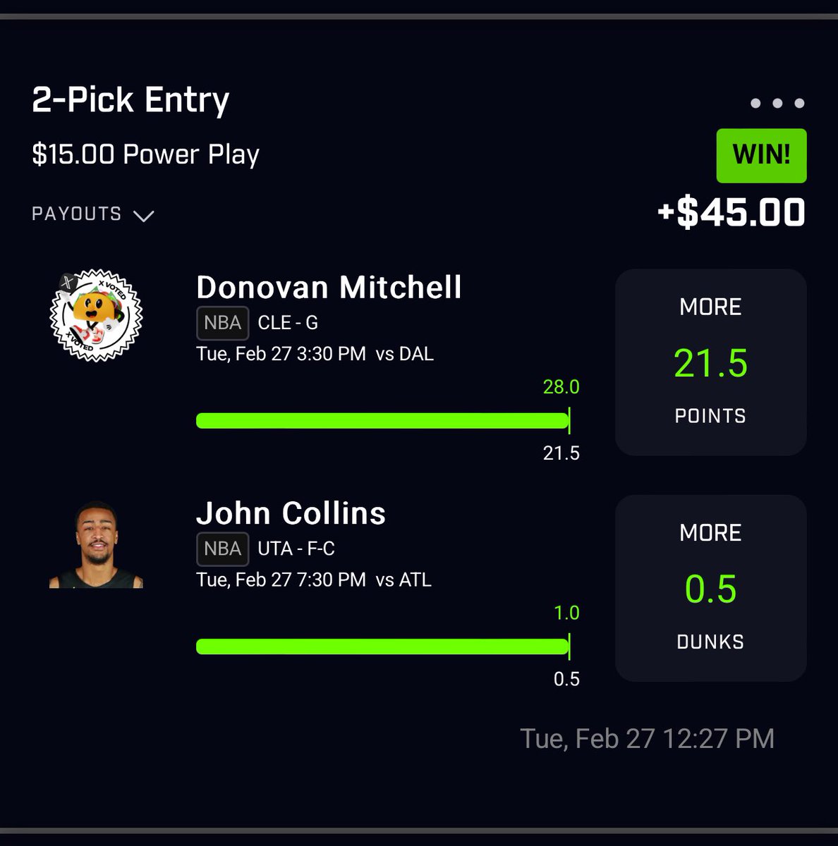 DFSNicholas's tweet image. And again on #TacoTuesday Thanks to @DFSArmy 💯#PrizePicks