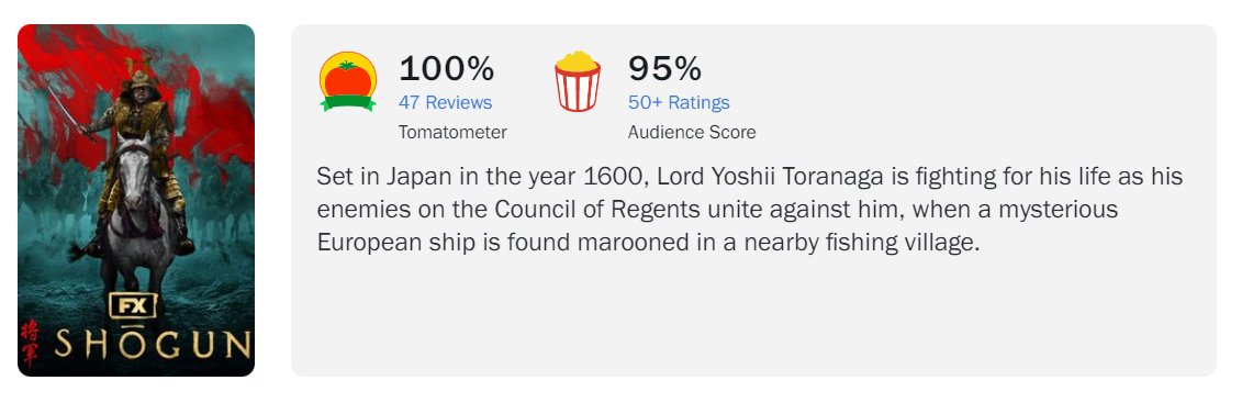 JVCom's tweet photo. Shōgun a démarré avec une note de 100% sur Rotten Tomatoes ! 🏯

De nombreuses critiques la comparent à un mélange entre House of Cards et Game of Thrones.

Les deux premiers épisodes sont disponibles sur Disney+. https://t.co/omQYhYg0HT